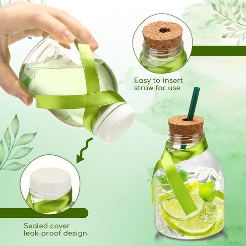 VESICI 24 PCS 10 OZ BATIRLES BATRELS مع Cork و Straw Freef Juice Bottles للمشروبات قابلة لإعادة الاستخدام الزجاجات المصغرة مع شريط الحرير الأخضر لحفل الزفاف الديكور الشخصي in Kuwait