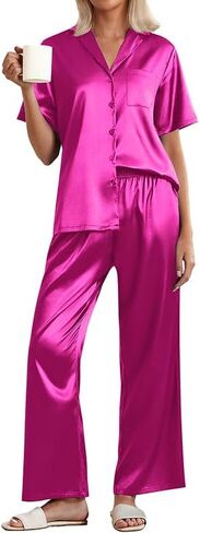 Ekouaer Womens Silk Pajama يضع زرًا قصيرًا لأسفل القميص مع السراويل الطويلة ناعم للنوم الساتان PJS Set S-XXL in Kuwait