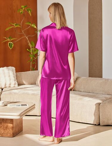 Ekouaer Womens Silk Pajama يضع زرًا قصيرًا لأسفل القميص مع السراويل الطويلة ناعم للنوم الساتان PJS Set S-XXL in Kuwait