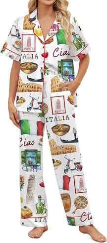 Sheshow Satin Pajamas for Women Set Button Button Down Sleepwear Print PJS Set 2 قطعة قصيرة الأكمام طويلة الصالة حجم XS-XXL in Kuwait