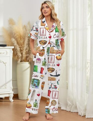 Sheshow Satin Pajamas for Women Set Button Button Down Sleepwear Print PJS Set 2 قطعة قصيرة الأكمام طويلة الصالة حجم XS-XXL in Kuwait