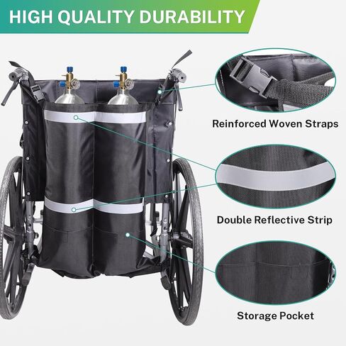 Dual Oxygen Tank Holder for Wheelchair, Portable D & E Cylinder Transport Bag, Oxygen Cylinder Bag with Storage Pocket and Adjustable Straps, Fit for Walker, Rollator, Scooter in Kuwait