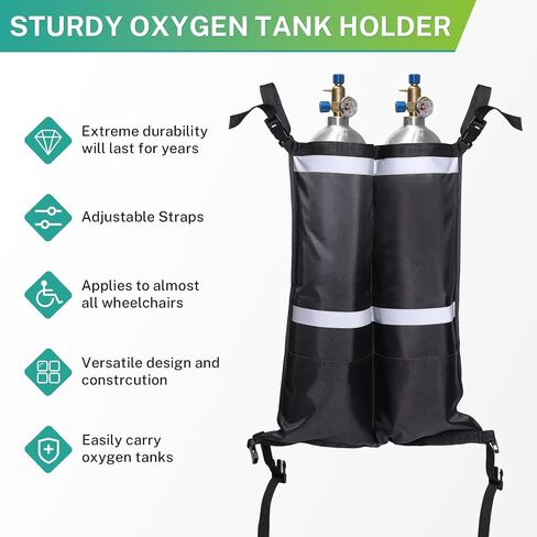 Dual Oxygen Tank Holder for Wheelchair, Portable D & E Cylinder Transport Bag, Oxygen Cylinder Bag with Storage Pocket and Adjustable Straps, Fit for Walker, Rollator, Scooter in Kuwait