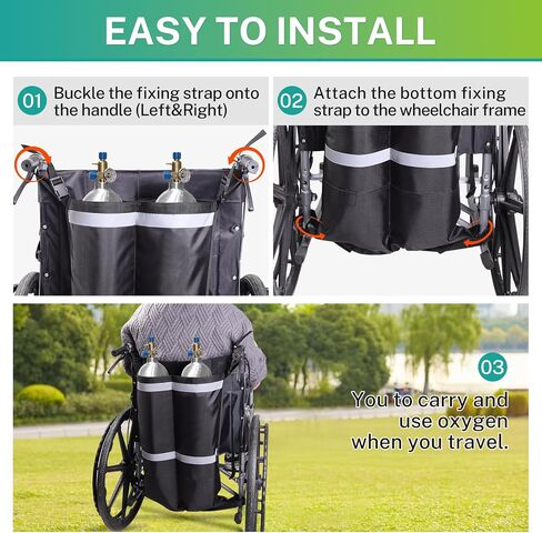 Dual Oxygen Tank Holder for Wheelchair, Portable D & E Cylinder Transport Bag, Oxygen Cylinder Bag with Storage Pocket and Adjustable Straps, Fit for Walker, Rollator, Scooter in Kuwait