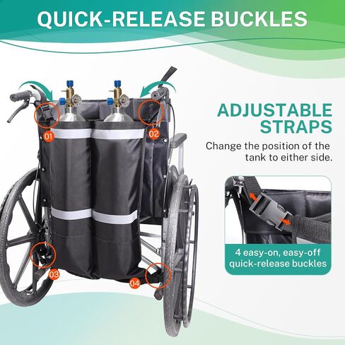 Dual Oxygen Tank Holder for Wheelchair, Portable D & E Cylinder Transport Bag, Oxygen Cylinder Bag with Storage Pocket and Adjustable Straps, Fit for Walker, Rollator, Scooter in Kuwait