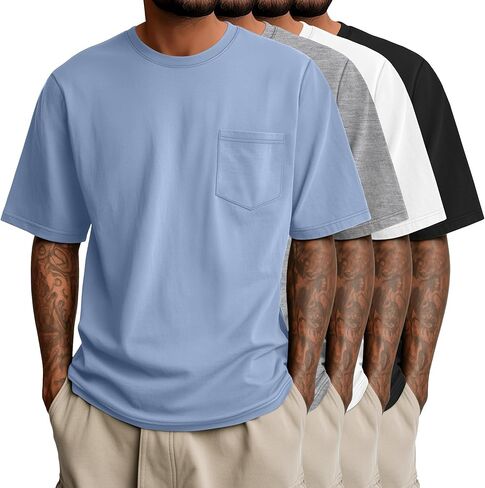 Ficerd 4 Pack Men’s Big and Tall Shirts, Short Sleeve Pocket Tee Heavyweight Crew Neck Cotton Tops Loose Fit Casual T Shirt in Kuwait