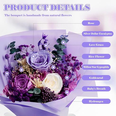Mothers Day Preserved Flowers Bouquet,Forever Flowers for Delivery Prime,Real Purple Rose Bouquets Lasting 1-3 Years,Christmas Valentines Mothers Birthday Gifts for Women Mother Wife Her in Saudi Arabia