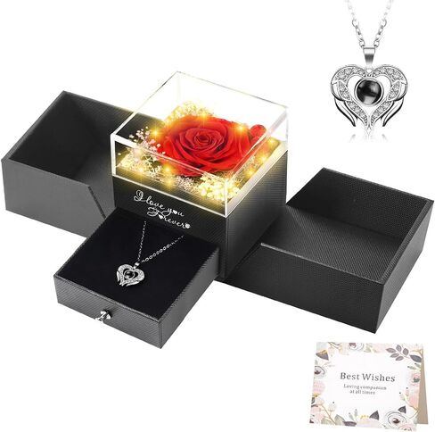 WOKEISE Lighted Preserved Real Rose with I Love You Heart Necklace, Gifts for Christmas Day, Mothers Day Anniversary Birthday Flowers Gifts for Women Girlfriend Wife Mom Grandma - Red in Kuwait