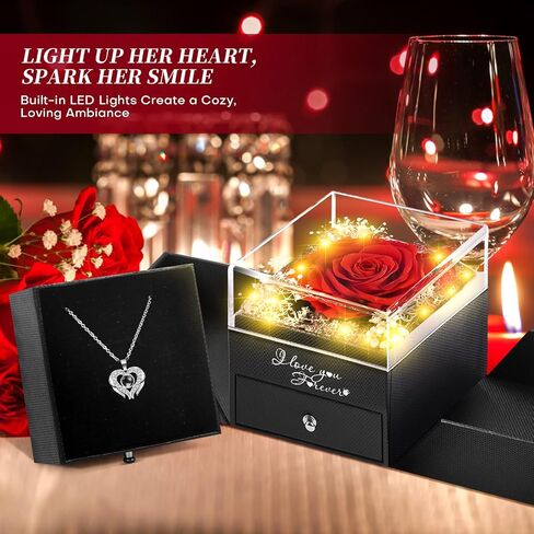 WOKEISE Lighted Preserved Real Rose with I Love You Heart Necklace, Gifts for Christmas Day, Mothers Day Anniversary Birthday Flowers Gifts for Women Girlfriend Wife Mom Grandma - Red in Kuwait