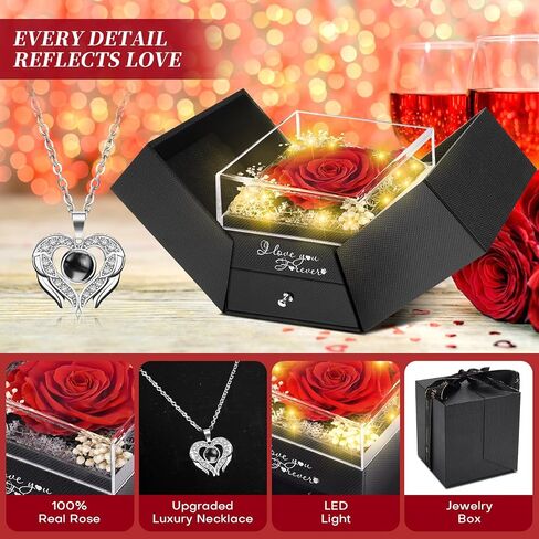 WOKEISE Lighted Preserved Real Rose with I Love You Heart Necklace, Gifts for Christmas Day, Mothers Day Anniversary Birthday Flowers Gifts for Women Girlfriend Wife Mom Grandma - Red in Kuwait