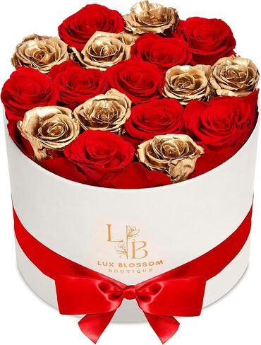 17 Black & Gold Forever Roses, Velvet Box - Luxury Preserved Flowers, Black Roses, Sparkling Bouquet, Eternal Rose Gifts for Girlfriend, Black Flowers for Delivery Prime in Kuwait