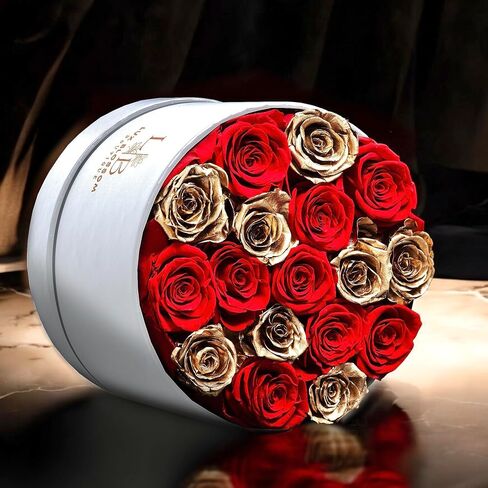 17 Black & Gold Forever Roses, Velvet Box - Luxury Preserved Flowers, Black Roses, Sparkling Bouquet, Eternal Rose Gifts for Girlfriend, Black Flowers for Delivery Prime in Kuwait