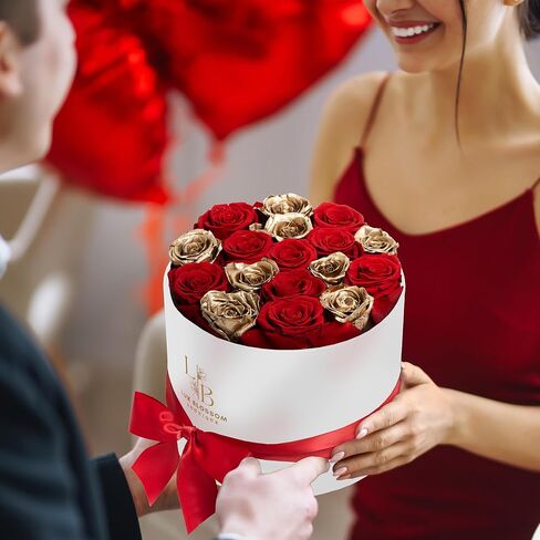 17 Black & Gold Forever Roses, Velvet Box - Luxury Preserved Flowers, Black Roses, Sparkling Bouquet, Eternal Rose Gifts for Girlfriend, Black Flowers for Delivery Prime in Kuwait