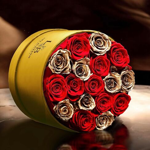 17 Black & Gold Forever Roses, Velvet Box - Luxury Preserved Flowers, Black Roses, Sparkling Bouquet, Eternal Rose Gifts for Girlfriend, Black Flowers for Delivery Prime in Kuwait
