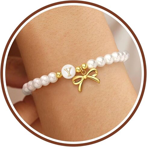 Pearl Initial Bracelets for Women Trendy Letter Beaded Bracelets 14k Gold Plated Bow Jewelry Bridal Shower Wedding Gifts Graduation Birthay Gifts for Women Jewelry in Saudi Arabia