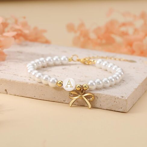 Pearl Initial Bracelets for Women Trendy Letter Beaded Bracelets 14k Gold Plated Bow Jewelry Bridal Shower Wedding Gifts Graduation Birthay Gifts for Women Jewelry in Saudi Arabia