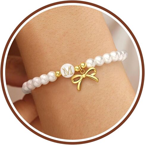 Pearl Initial Bracelets for Women Trendy Letter Beaded Bracelets 14k Gold Plated Bow Jewelry Bridal Shower Wedding Gifts Graduation Birthay Gifts for Women Jewelry in Saudi Arabia