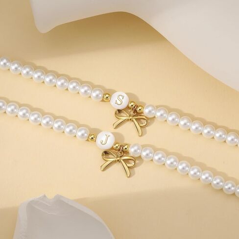 Pearl Initial Bracelets for Women Trendy Letter Beaded Bracelets 14k Gold Plated Bow Jewelry Bridal Shower Wedding Gifts Graduation Birthay Gifts for Women Jewelry in Saudi Arabia
