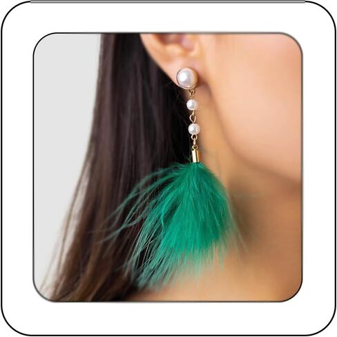 Rannyrena Fluffy Feather Drop Dangle Earrings Vintage Pearl Flocked Feather Tassel Earrings Long Statement Ear Accessories for Women and Girls (Red) in Kuwait