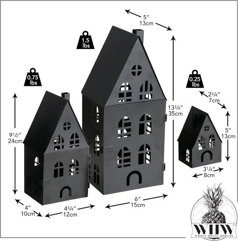 Main Street Town House Candle Lanterns, Set of 3, Vintage Style, Heart Details, Rustic Black, Metal, Corrugated Gabled Roof-tops, 13.75, 9.5, and 5 Inches Tall in Saudi Arabia