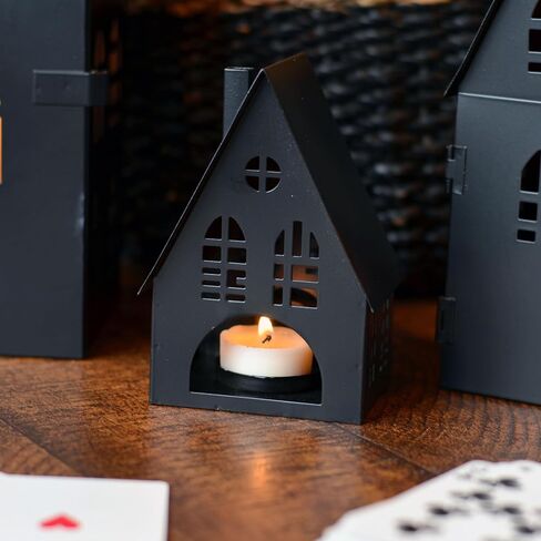 Main Street Town House Candle Lanterns, Set of 3, Vintage Style, Heart Details, Rustic Black, Metal, Corrugated Gabled Roof-tops, 13.75, 9.5, and 5 Inches Tall in Saudi Arabia