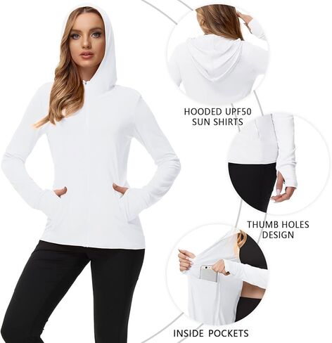 TIHEEN Women's UPF 50+ Sun Protection Hoodie Jacket Lightweight Full Zip Athletic Jacket Long Sleeve Shirt with Pockets in Kuwait