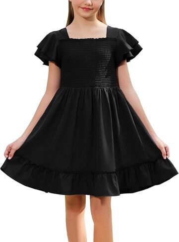 Gorlya Girls Square Dique Negant Flowy shirred baugh buck hem babydoll a-line dress 6-14y in Kuwait