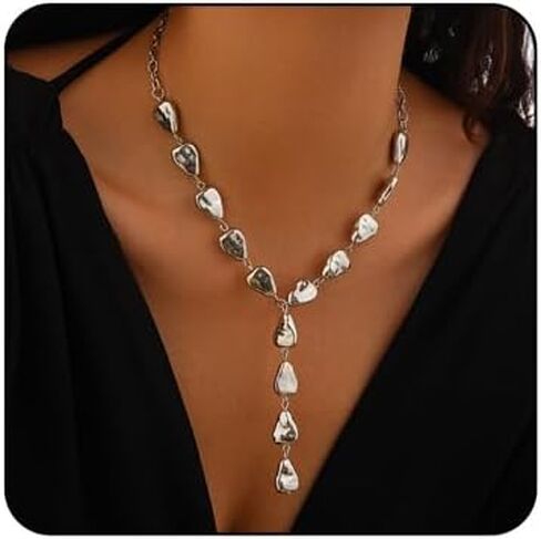Gold Silver Teardrop Necklace for Women Trendy Teardrop Drop Y Long Pendant Necklace Chunky Tassels Necklace Dainty Tassel Y Necklace Christmas Birthday Wedding Party Costume Jewelry in Saudi Arabia