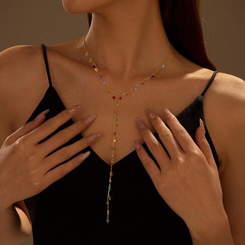 925 Sterling Silver Y على شكل قلادة طويلة من الولادة للنساء اللامع 14K قوس قزح مطلي بملون تاسل تاسيل قلادة قلادة قلادة قلادة 15.75 "+2.36" سلسلة صيف قابلة للتعديل in Kuwait