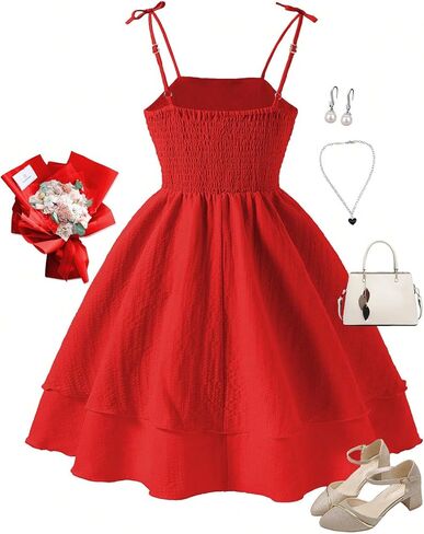 Verdusa Girl's Bow Tie Shoulder Ruched Dress Tiered Layered Shirred Flowy Dresses in Kuwait
