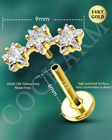 COCHARM 14K Real Gold Star Helix Cartilage Conch Earring Stud 16g Flat Back Solid Gold Helix Conch Piercing Jewelry 16g 6mm 8mm 14Kt Cartilage Stud Jewelry Internally Threaded in Saudi Arabia