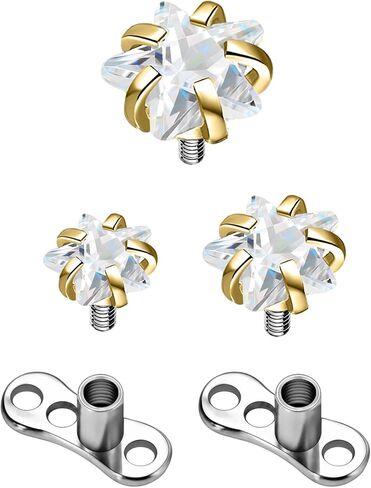 2Pcs Cubic Zirconia Dermal Anchor Tops and Base Surgical Steel Dainty Crystal Microdermals Body Piercings Studs Punk Personalized Jewelry Gifts for Women Hypoallergenic Silver Gold 14G in Saudi Arabia