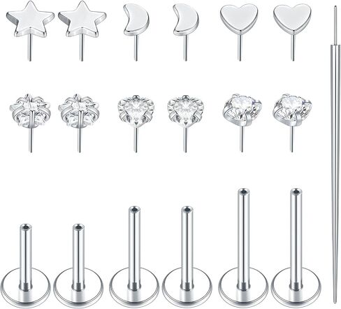 Aumeo 16G 18G Nose Rings Studs Threadless Flat Back Earrings Moon Star Lip Studs Heart CZ Medusa Nostril Tragus Helix Conch Piercing Jewelry 6mm 8mm 10mm Bar Length in Kuwait