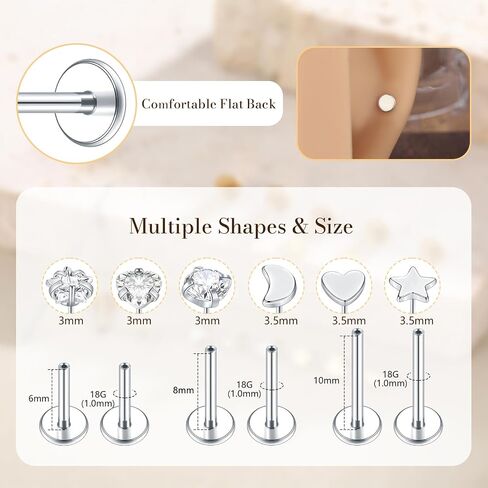 Aumeo 16G 18G Nose Rings Studs Threadless Flat Back Earrings Moon Star Lip Studs Heart CZ Medusa Nostril Tragus Helix Conch Piercing Jewelry 6mm 8mm 10mm Bar Length in Kuwait