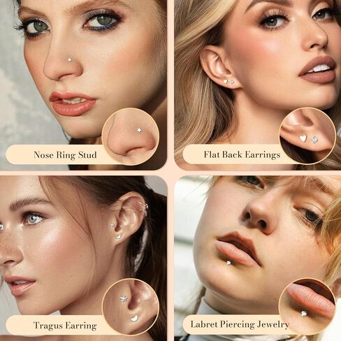 Aumeo 16G 18G Nose Rings Studs Threadless Flat Back Earrings Moon Star Lip Studs Heart CZ Medusa Nostril Tragus Helix Conch Piercing Jewelry 6mm 8mm 10mm Bar Length in Kuwait