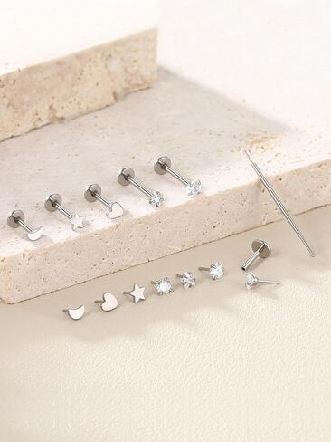 Aumeo 16G 18G Nose Rings Studs Threadless Flat Back Earrings Moon Star Lip Studs Heart CZ Medusa Nostril Tragus Helix Conch Piercing Jewelry 6mm 8mm 10mm Bar Length in Kuwait