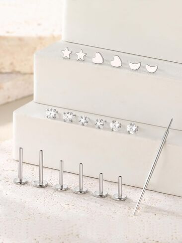 Aumeo 16G 18G Nose Rings Studs Threadless Flat Back Earrings Moon Star Lip Studs Heart CZ Medusa Nostril Tragus Helix Conch Piercing Jewelry 6mm 8mm 10mm Bar Length in Kuwait