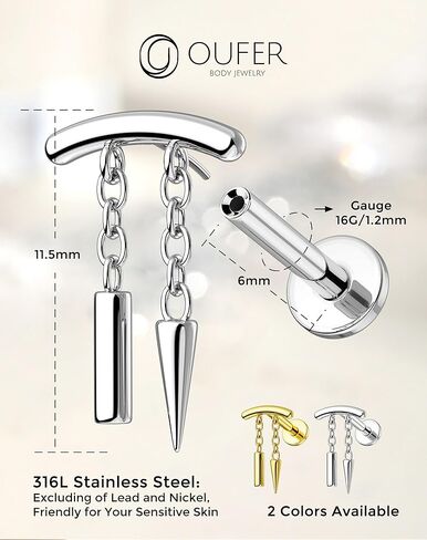 OUFER Chain Helix Piercing Jewelry, Dangle 316L Stainless Steel 16G Threadless Flat Back Piercings Helix Cartilage Piercing Jewelry for Women Men in Kuwait