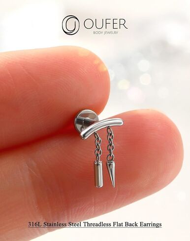 OUFER Chain Helix Piercing Jewelry, Dangle 316L Stainless Steel 16G Threadless Flat Back Piercings Helix Cartilage Piercing Jewelry for Women Men in Kuwait