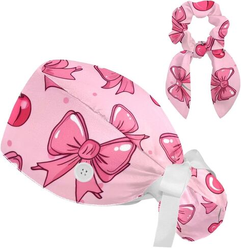 Women’s Working Caps with Button Pink Background with Stars and Hearts Long Hair Cover Ribbon Lace-Up Scrub Cap in Saudi Arabia