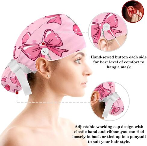 Women’s Working Caps with Button Pink Background with Stars and Hearts Long Hair Cover Ribbon Lace-Up Scrub Cap in Saudi Arabia
