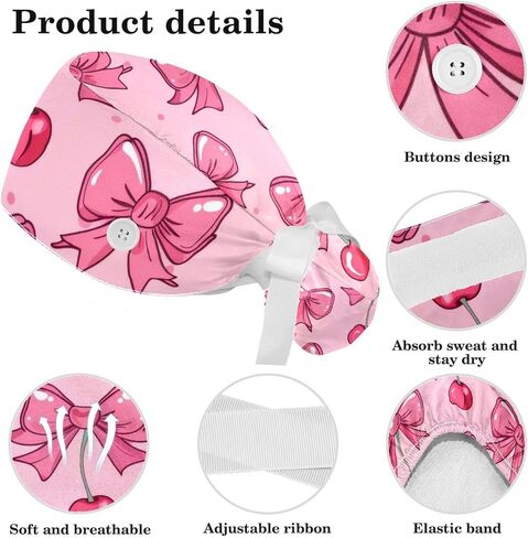 Women’s Working Caps with Button Pink Background with Stars and Hearts Long Hair Cover Ribbon Lace-Up Scrub Cap in Saudi Arabia