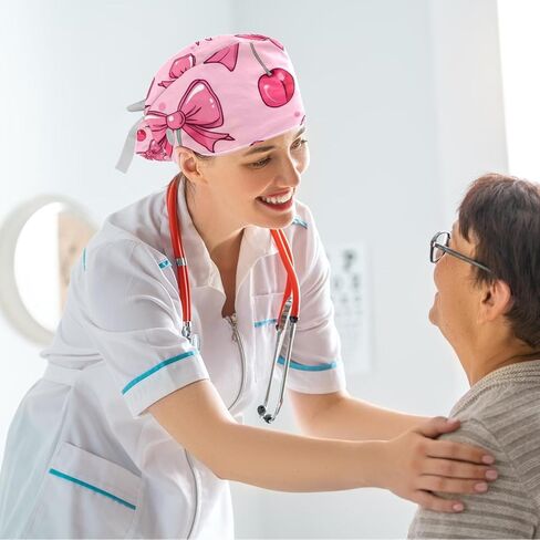 Women’s Working Caps with Button Pink Background with Stars and Hearts Long Hair Cover Ribbon Lace-Up Scrub Cap in Saudi Arabia