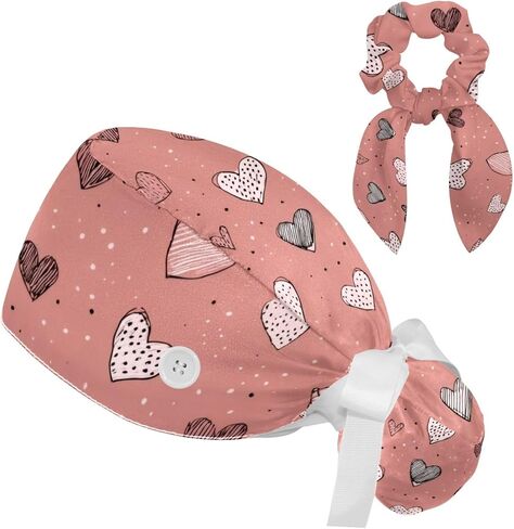 Women’s Working Caps with Button Pink Background with Stars and Hearts Long Hair Cover Ribbon Lace-Up Scrub Cap in Saudi Arabia