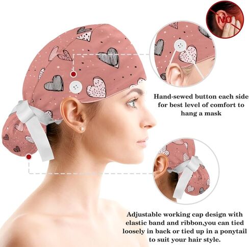 Women’s Working Caps with Button Pink Background with Stars and Hearts Long Hair Cover Ribbon Lace-Up Scrub Cap in Saudi Arabia