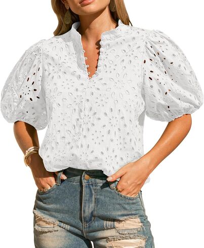 Womens Eyelet Summer Tops Lantern Short Sleeve Button V Neck Dick Dary Disdy Allown Out Out Setred Servided Lace Lace in Kuwait