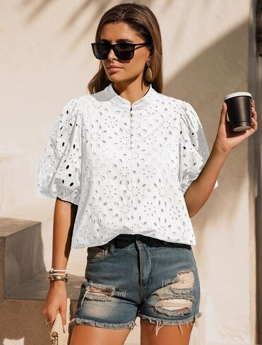 Womens Eyelet Summer Tops Lantern Short Sleeve Button V Neck Dick Dary Disdy Allown Out Out Setred Servided Lace Lace in Kuwait