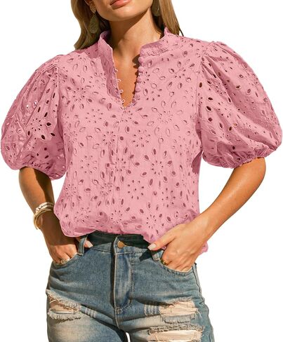 Womens Eyelet Summer Tops Lantern Short Sleeve Button V Neck Dick Dary Disdy Allown Out Out Setred Servided Lace Lace in Kuwait