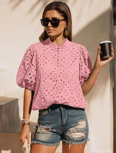 Womens Eyelet Summer Tops Lantern Short Sleeve Button V Neck Dick Dary Disdy Allown Out Out Setred Servided Lace Lace in Kuwait
