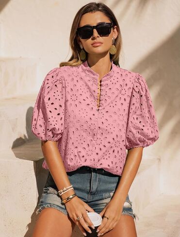 Womens Eyelet Summer Tops Lantern Short Sleeve Button V Neck Dick Dary Disdy Allown Out Out Setred Servided Lace Lace in Kuwait